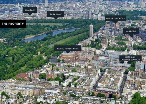 Kensington ve Knightsbridge hava görüntüsü — mülk ve çevredeki önemli noktalar
