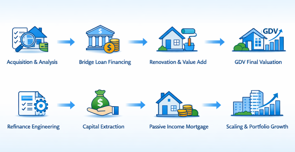 Gayrimenkul yatırım döngüsü: Edinim ve analiz, Köprü kredisi, Renovasyon, GDV değerleme, Refinans mühendisliği, Sermaye çekme, Pasif gelir mortgage, Portföy büyütme